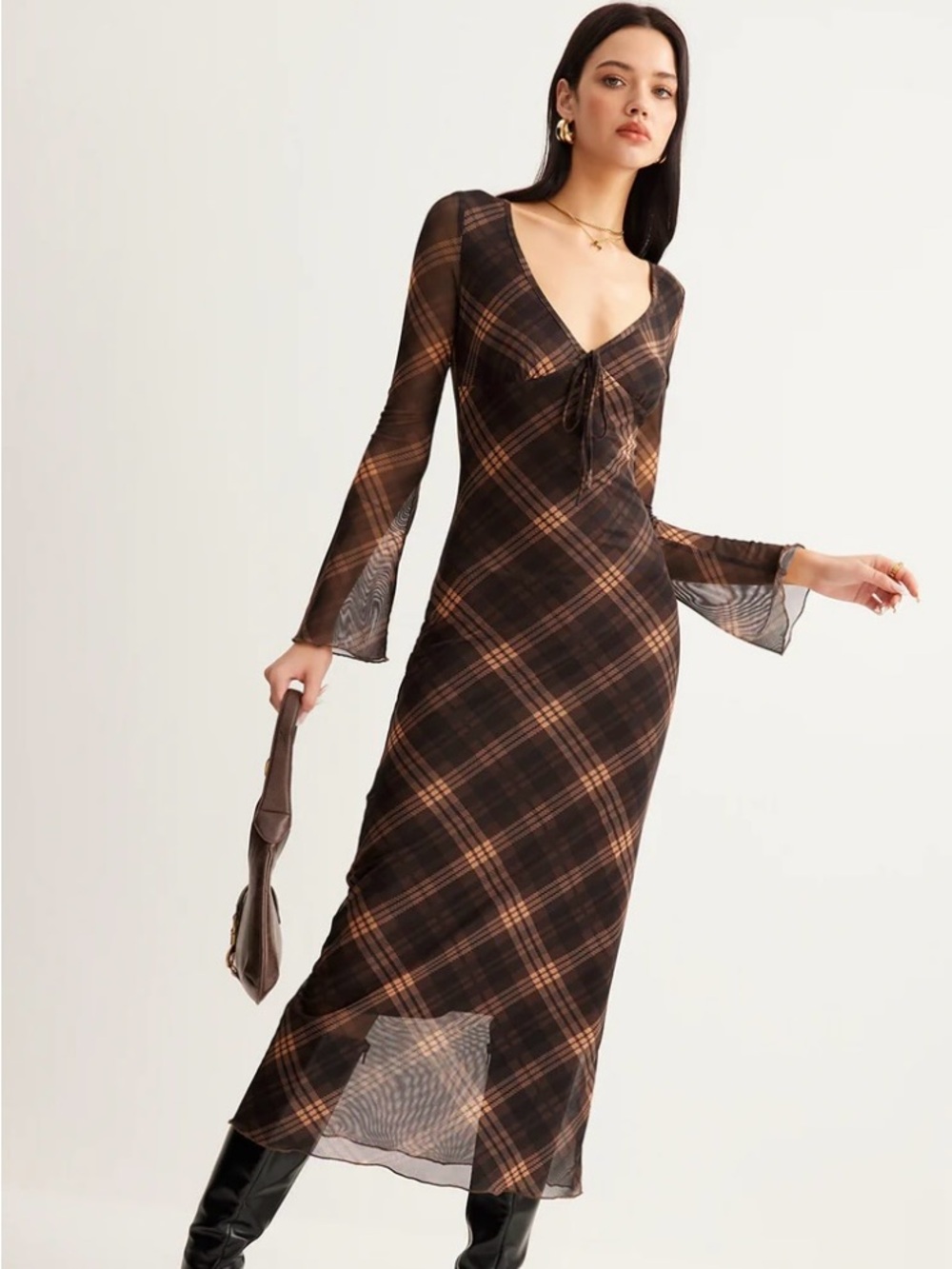 Commense Semi-Sheer Checked Bell-Sleeve Mesh Dress, size XS, NWT! - Picture 4 of 7